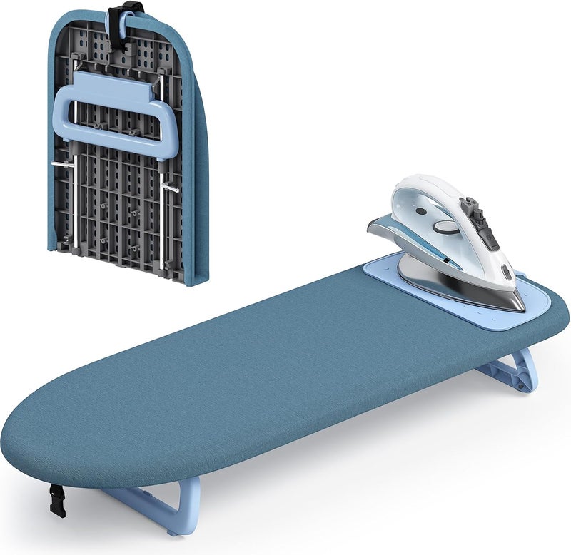 KINGBOARD Tabletop Ironing Board, Small Ironing Board with Iron Mat, Foldable Mini Iron Board, Easy Storage for Travel & Dorm, 12x32 Blue - Image 1
